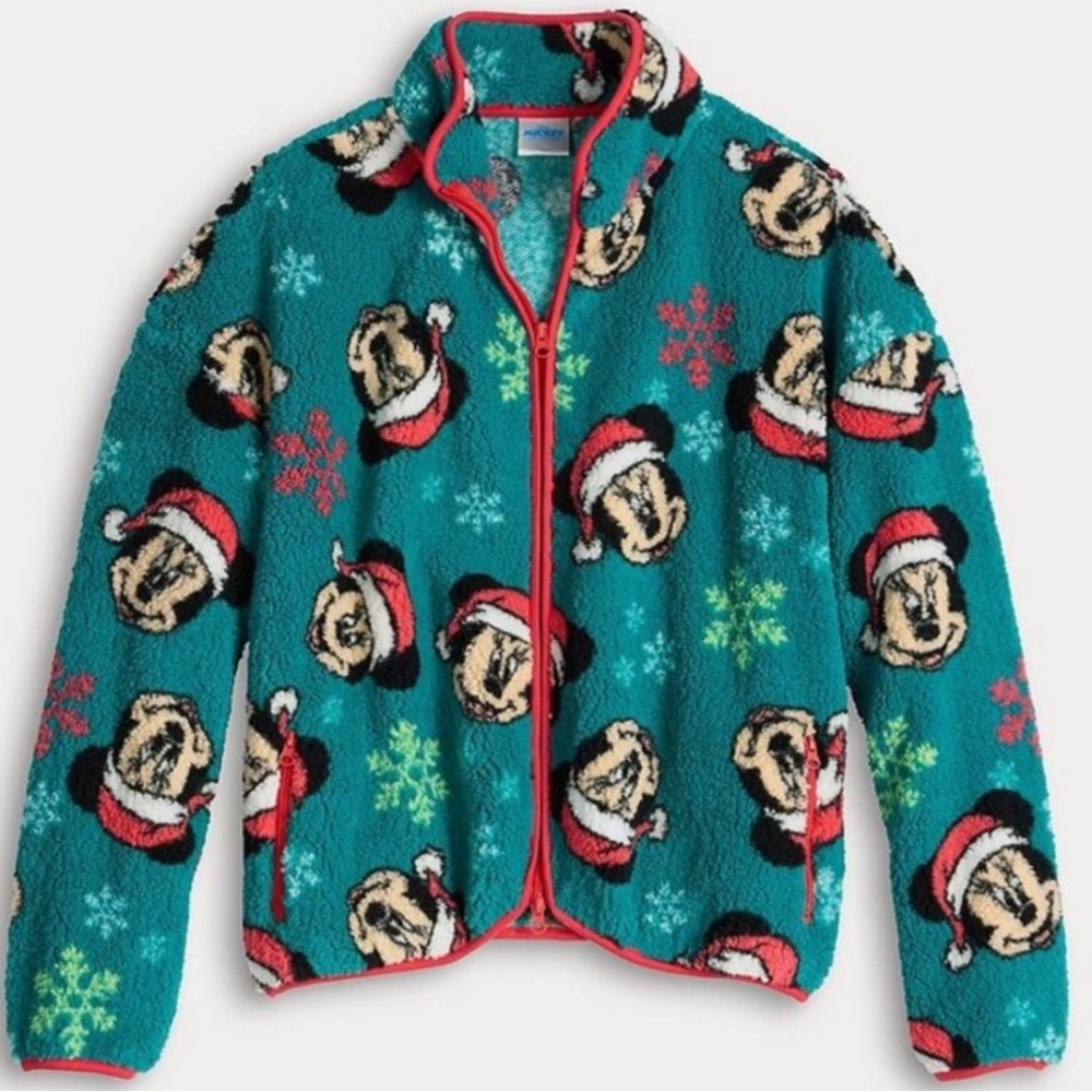 Disney Mickey Minnie Mouse Women's Teal Santa Print Zip Jacket